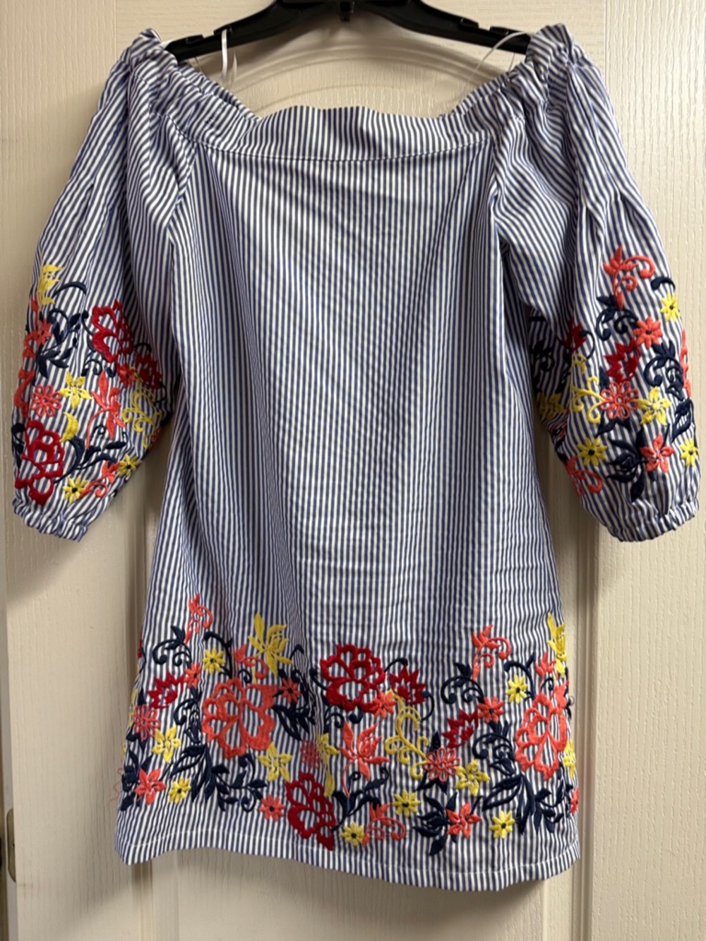 Romeo & Juliet Couture Blue and White Striped Off-Shoulder Top